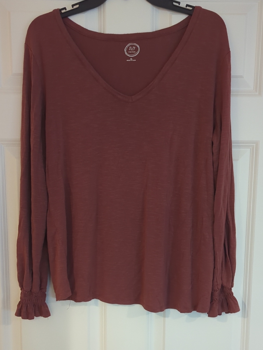 Maurices Mauve V-Neck Long Sleeve Top with Smocked Ruffle Cuffs